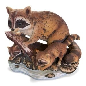 Vintage Enesco Brown Raccoon Family on a Log Figurine, Made in Mexico.